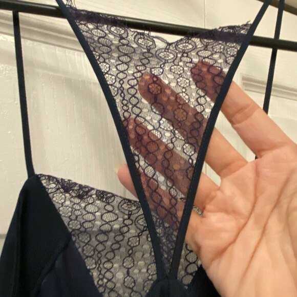 Tamara Mellon Lace-Insert Spaghetti Strap Navy Blue Silk Slip Mini Dress Size 2 - Picture 8 of 12